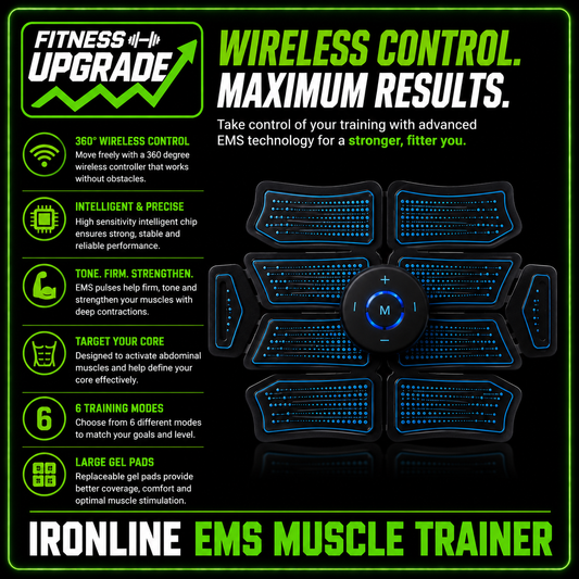 The IronLine EMS Muscle Trainer: Wireless electrostimulation for core activation, toning and home fitness recovery.