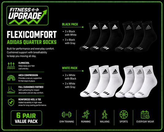 FlexiComfort Adidas Quarter Socks: 6 Pairs for Ultimate Comfort and Performance