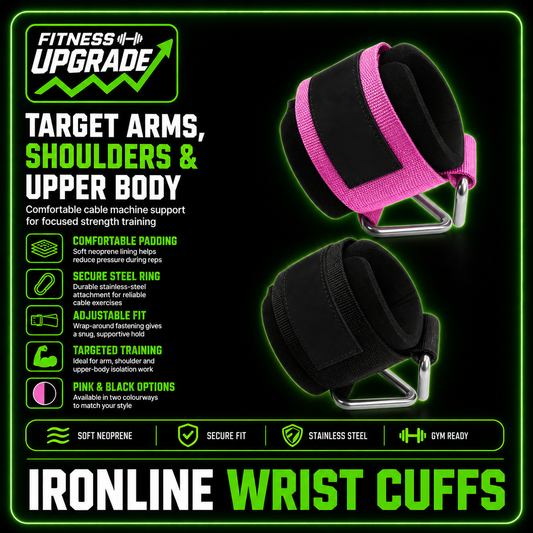 The IronLine Wrist Cuffs: Cable machine attachment for effective arm strength training.