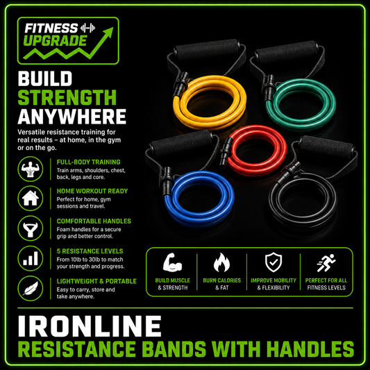 The IronLine Resistance Bands with handles: Multi-use home for endless home workouts.