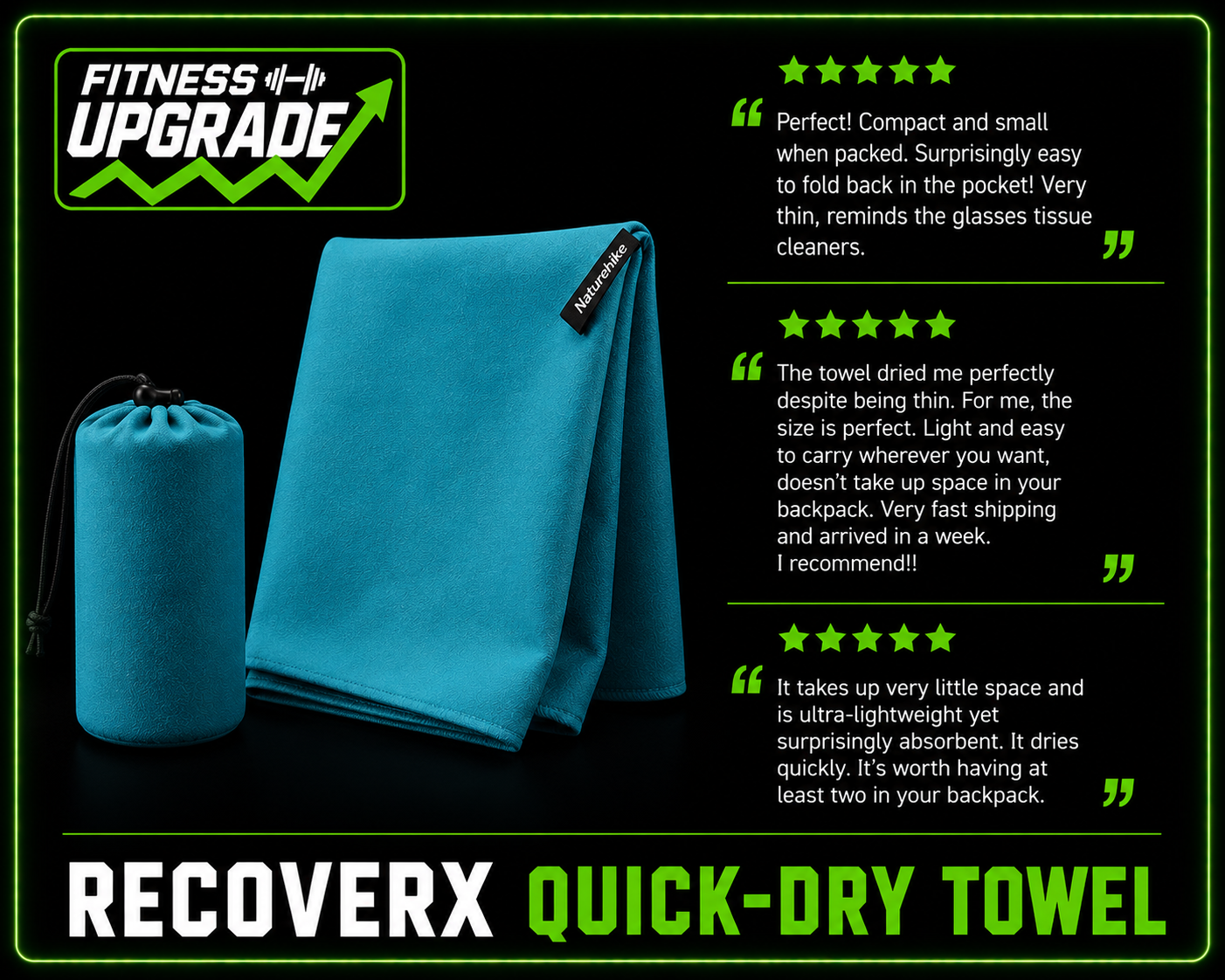 RecoverX Quick-Dry Towel: Lightweight absorbent performance towel built for convenience, travel and recovery.