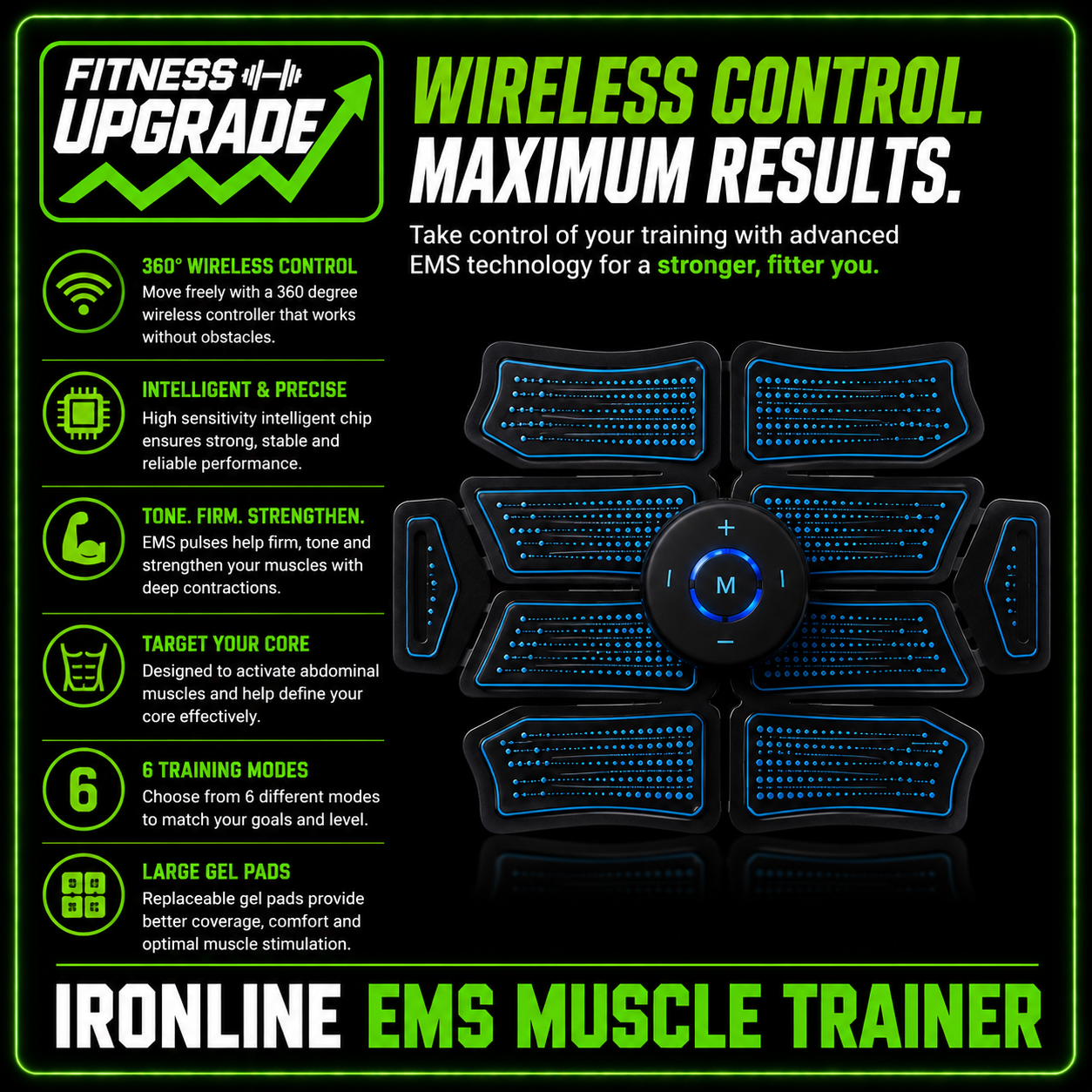 The IronLine EMS Muscle Trainer: Wireless electrostimulation for core activation, toning and home fitness recovery.