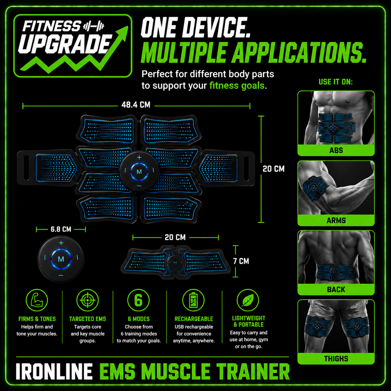 The IronLine EMS Muscle Trainer: Wireless electrostimulation for core activation, toning and home fitness recovery.