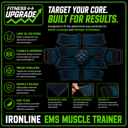 The IronLine EMS Muscle Trainer: Wireless electrostimulation for core activation, toning and home fitness recovery.
