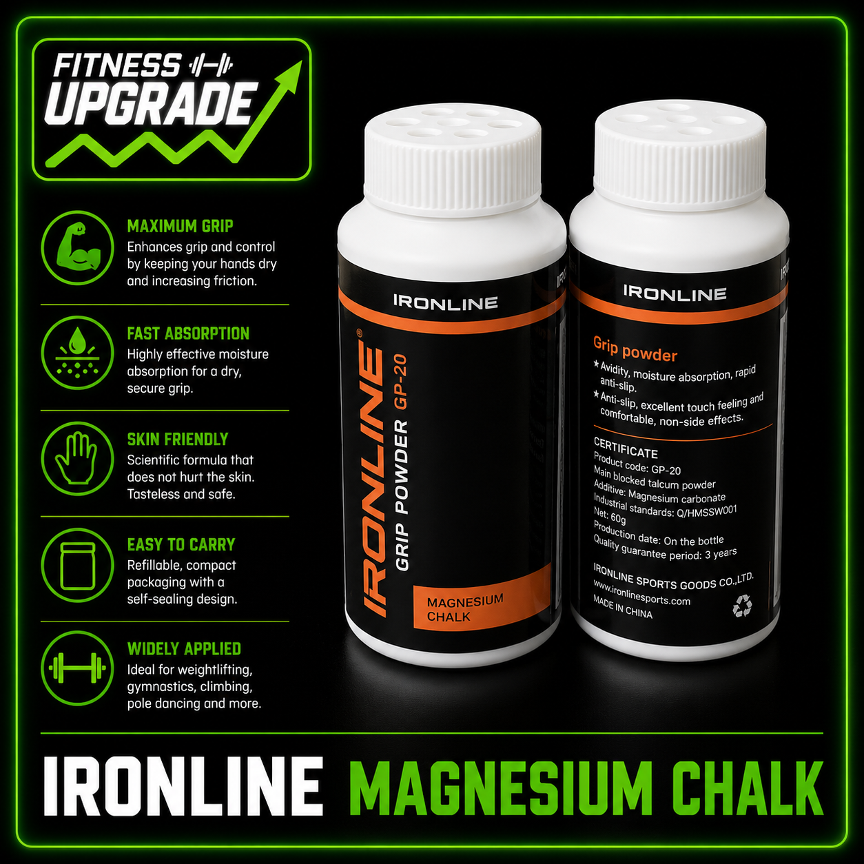 The IronLine Magnesium Chalk: Anti-slip grip support built for lifting and high-performance training.