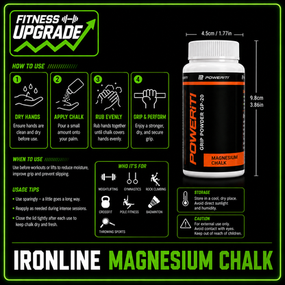 The IronLine Magnesium Chalk: Anti-slip grip support built for lifting and high-performance training.