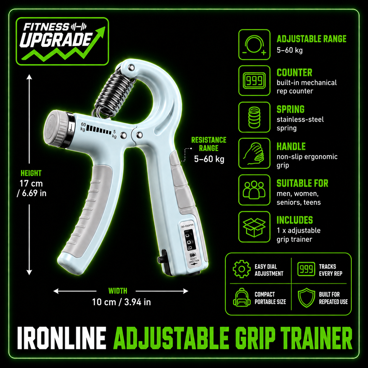 The IronLine Adjustable Grip Trainer: For hand, wrist and forearm grip strength improvement.