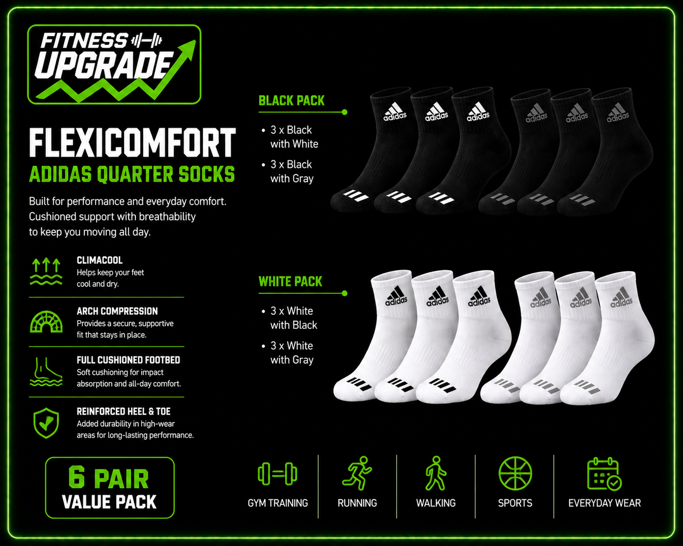 FlexiComfort Adidas Quarter Socks: 6 Pairs for Ultimate Comfort and Performance