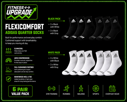 FlexiComfort Adidas Quarter Socks: 6 Pairs for Ultimate Comfort and Performance