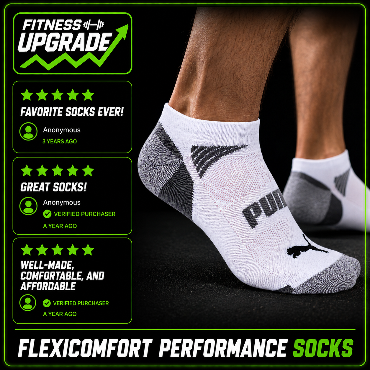 FlexiComfort Performance Socks (PUMA X FITNESSUPG): Breathable everyday comfort built for training, recovery and daily wear.