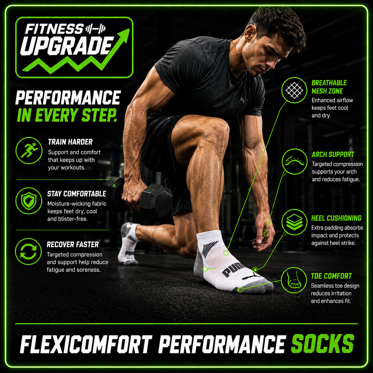 FlexiComfort Performance Socks (PUMA X FITNESSUPG): Breathable everyday comfort built for training, recovery and daily wear.