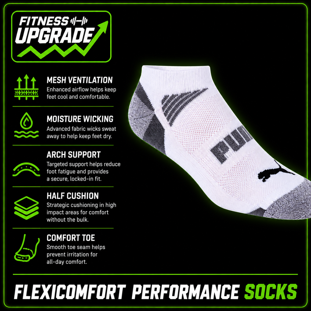 FlexiComfort Performance Socks (PUMA X FITNESSUPG): Breathable everyday comfort built for training, recovery and daily wear.
