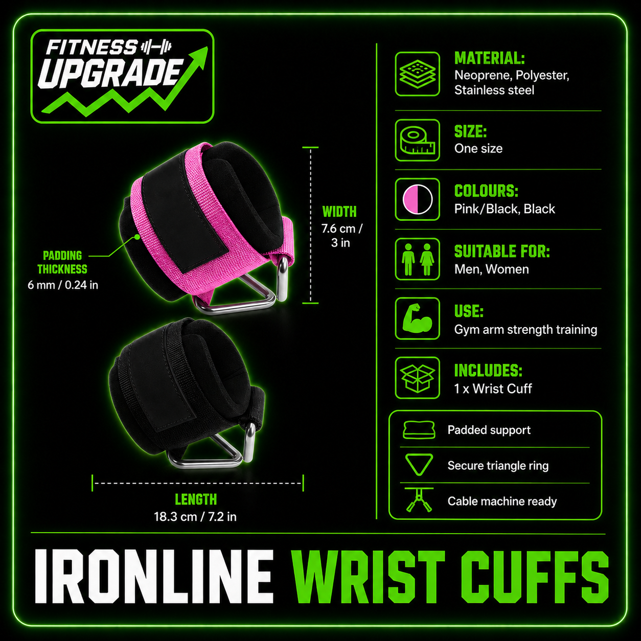 The IronLine Wrist Cuffs: Cable machine attachment for effective arm strength training.
