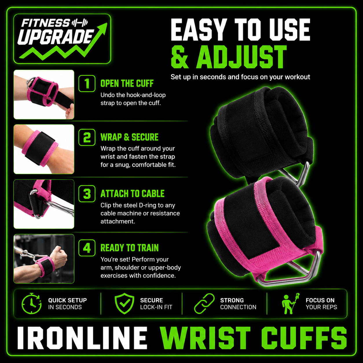 The IronLine Wrist Cuffs: Cable machine attachment for effective arm strength training.