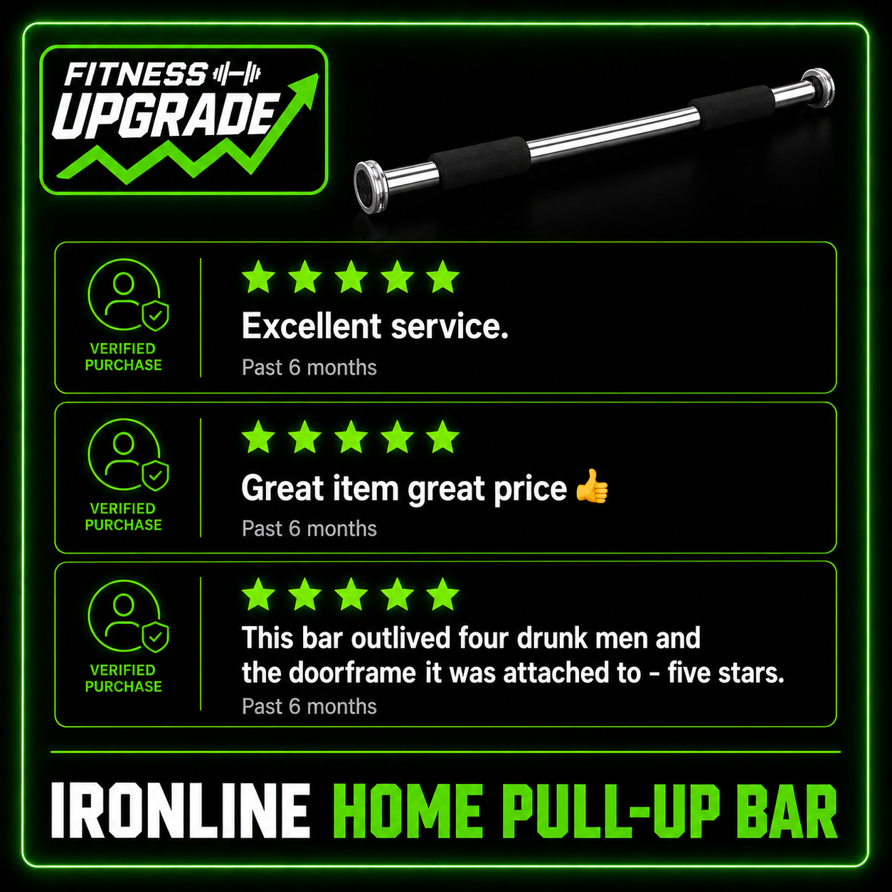 The IronLine Home Pull-up bar: Doorway strength training built for full upper-body progress.