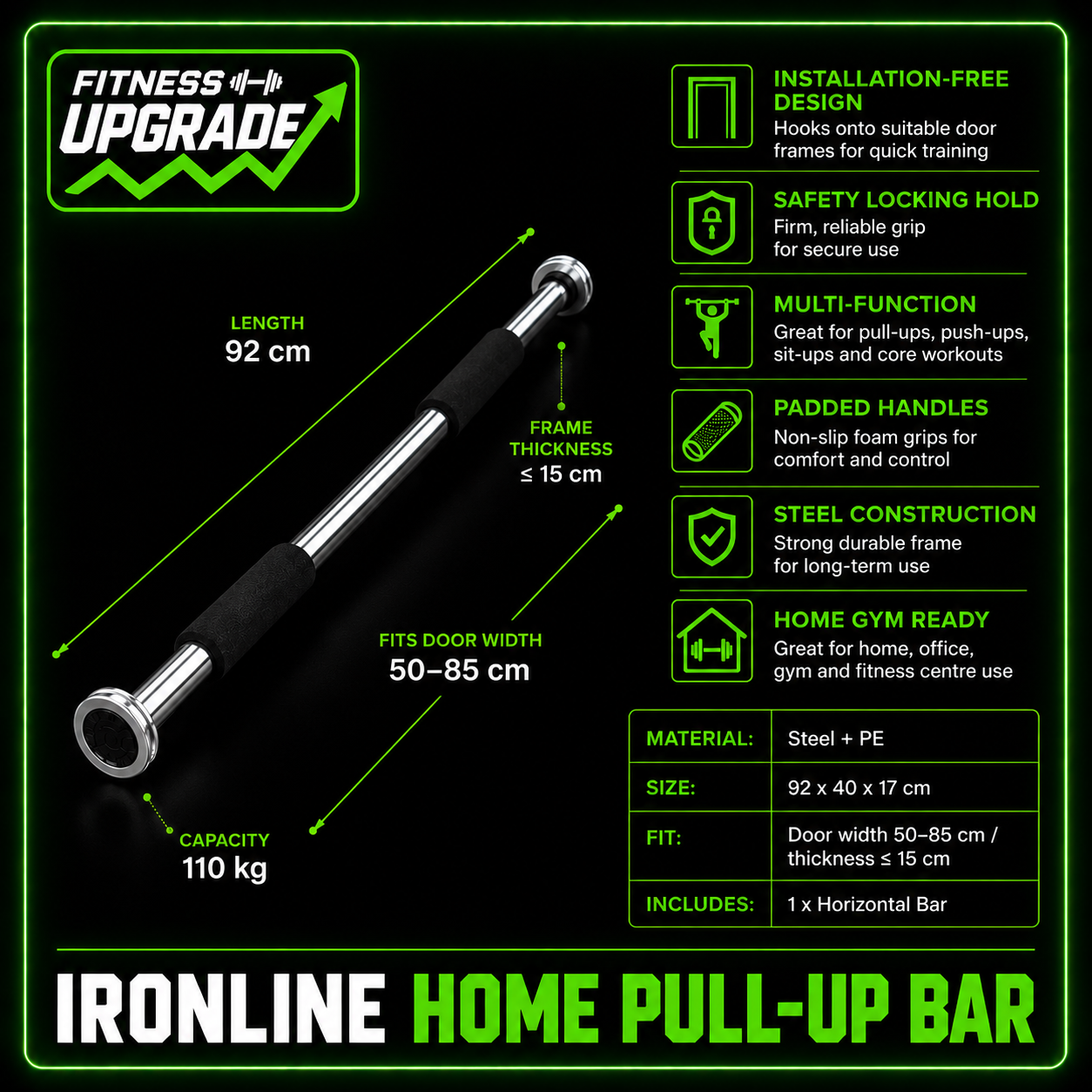 The IronLine Home Pull-up bar: Doorway strength training built for full upper-body progress.