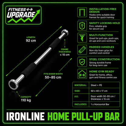 The IronLine Home Pull-up bar: Doorway strength training built for full upper-body progress.