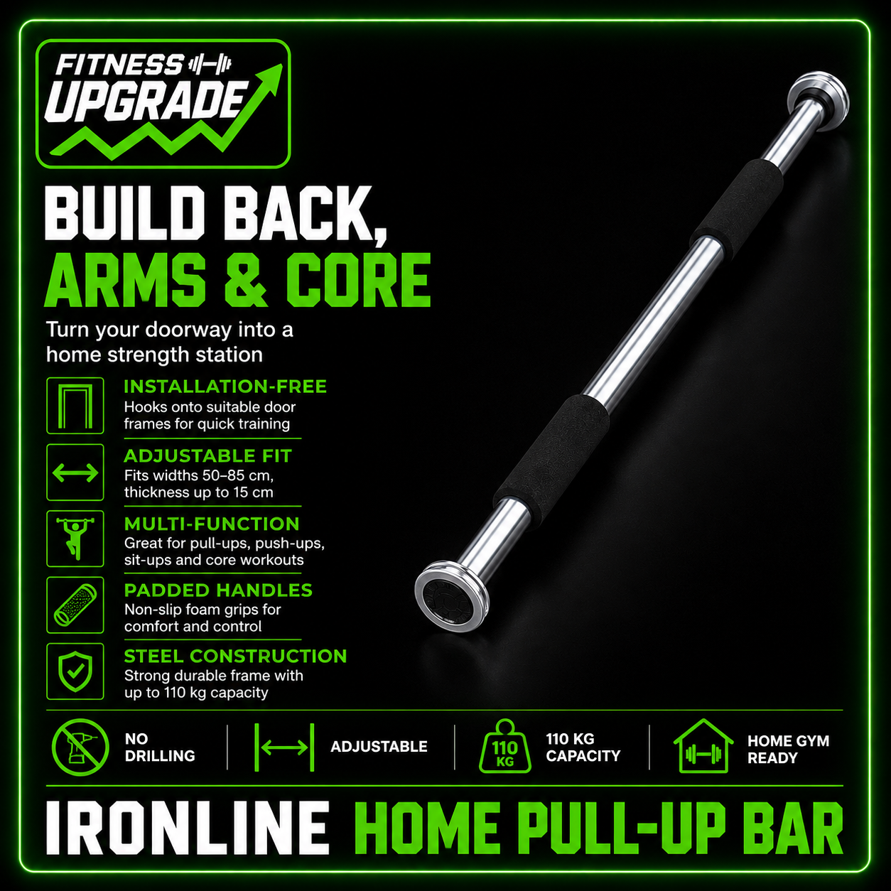 The IronLine Home Pull-up bar: Doorway strength training built for full upper-body progress.