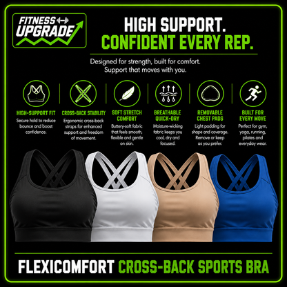 FlexiComfort Cross-Back Sports Bra: Soft Cross Back Yoga Top with Push-Up Chest Pad