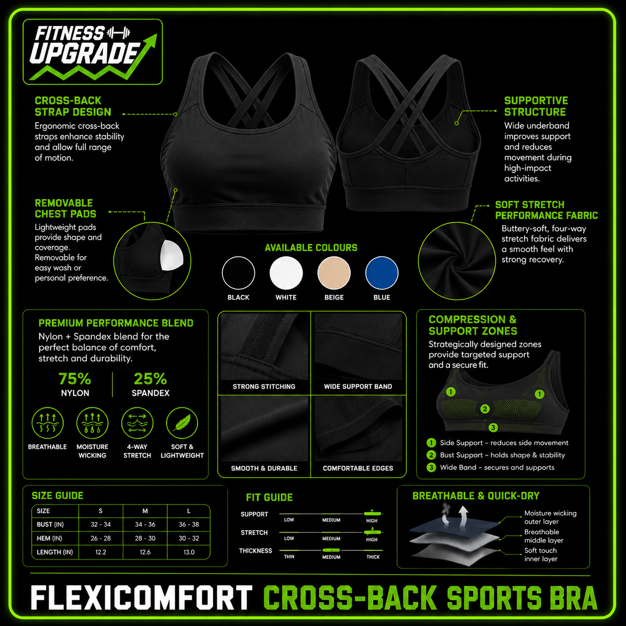 FlexiComfort Cross-Back Sports Bra: Soft Cross Back Yoga Top with Push-Up Chest Pad