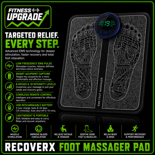 RecoverX Pulse Foot Massager Pad: Portable EMS recovery therapy for tired feet and muscle relaxation.