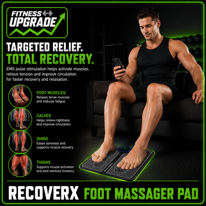 RecoverX Pulse Foot Massager Pad: Portable EMS recovery therapy for tired feet and muscle relaxation.