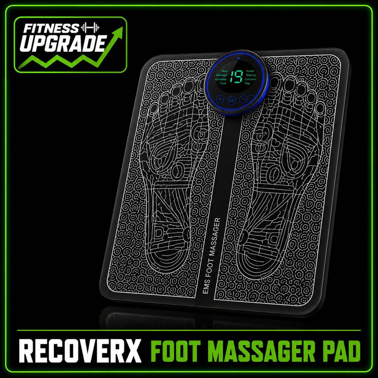RecoverX Pulse Foot Massager Pad: Portable EMS recovery therapy for tired feet and muscle relaxation.