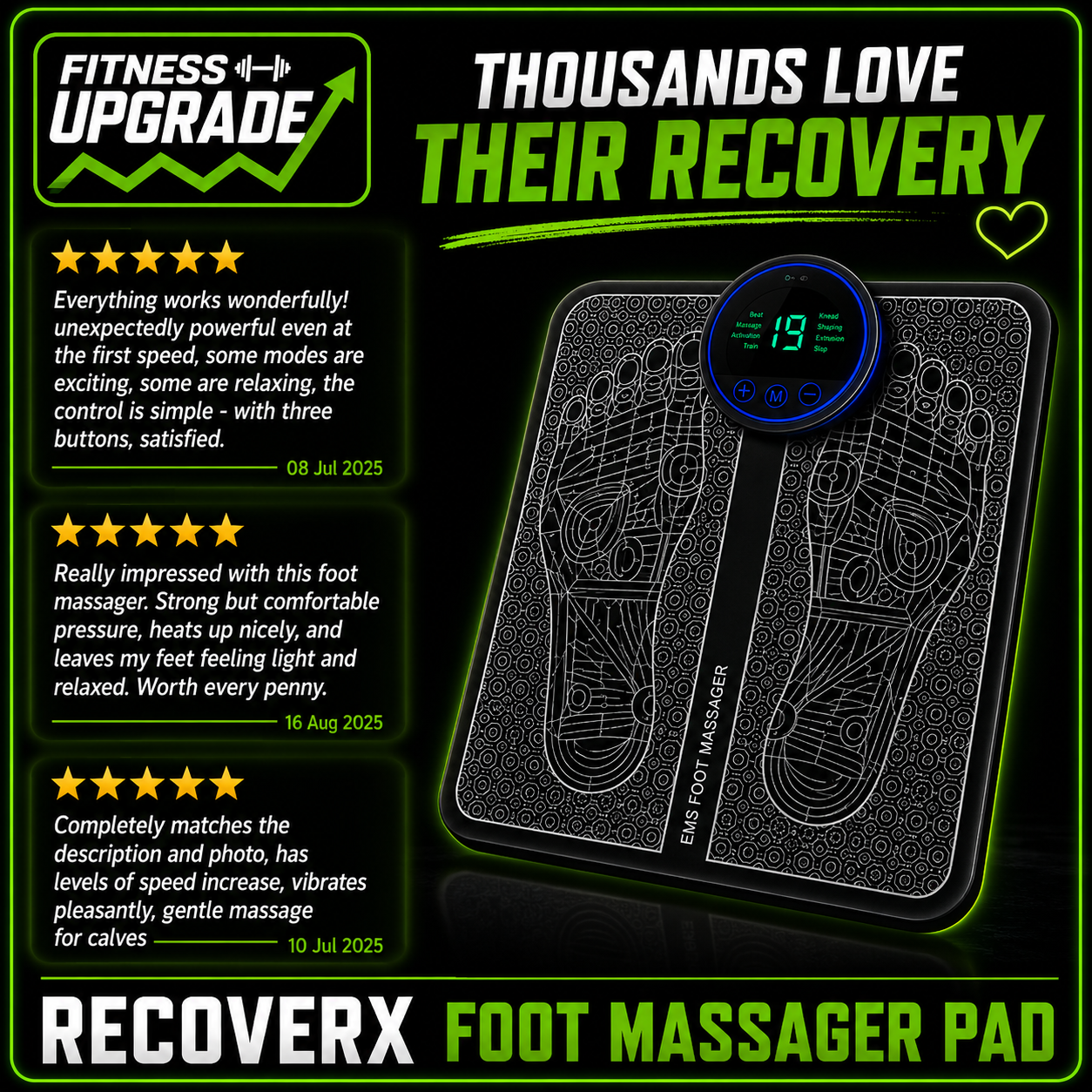 RecoverX Pulse Foot Massager Pad: Portable EMS recovery therapy for tired feet and muscle relaxation.