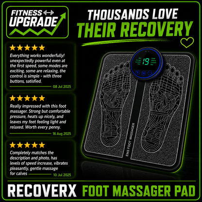 RecoverX Pulse Foot Massager Pad: Portable EMS recovery therapy for tired feet and muscle relaxation.
