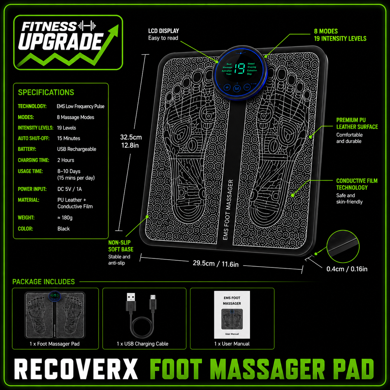 RecoverX Pulse Foot Massager Pad: Portable EMS recovery therapy for tired feet and muscle relaxation.