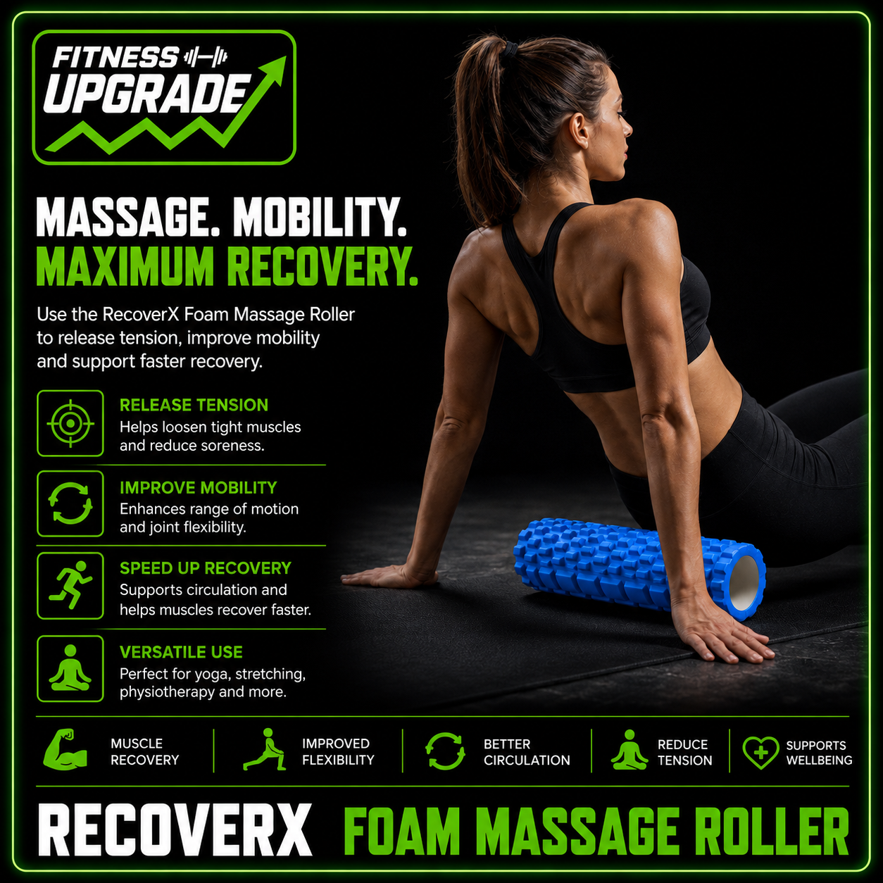 RecoverX Foam Massage Roller: Effectively reduce muscle tension, fatigue and injury